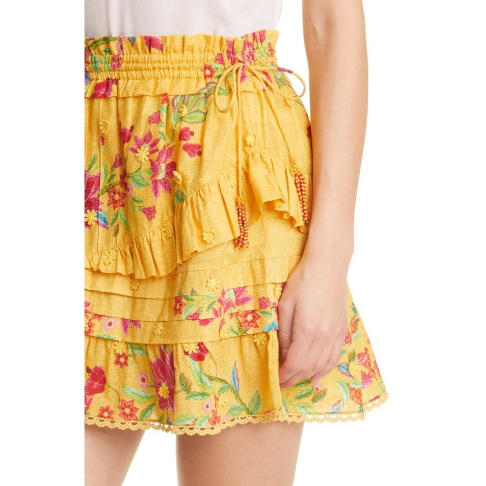 🆕 FARM RIO Flower Dream Tiered Cotton Mini Skirt Yellow Small - Picture 4 of 11